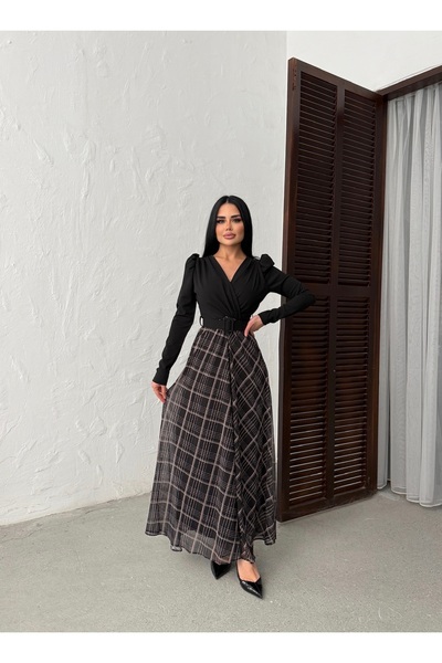 LİLA İSTANBUL Double-Breasted Chiffon Dress with Collar and Belted Skirt