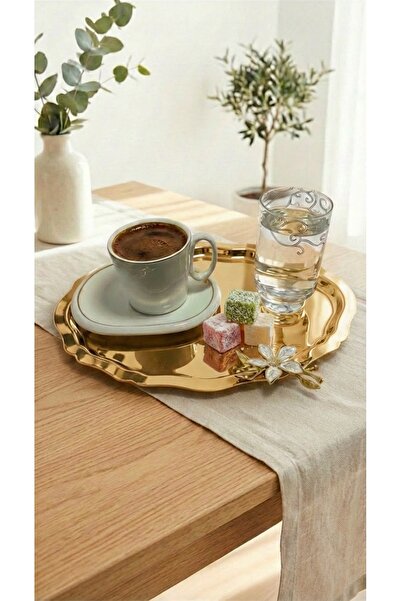 FABRIONA TEK TARAFLI GOLD 12’lı Paslanmaz Çelik Oval Mini Papatyalı Çay Kahve Sunum Nişan Tepsisi 20x25 cm