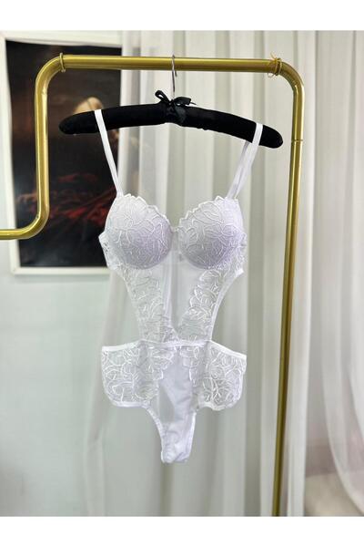 DİA SENSE Kadın Beyaz Dantelli Balenli Destekli Göğüs Dekolteli Transparan Tü...