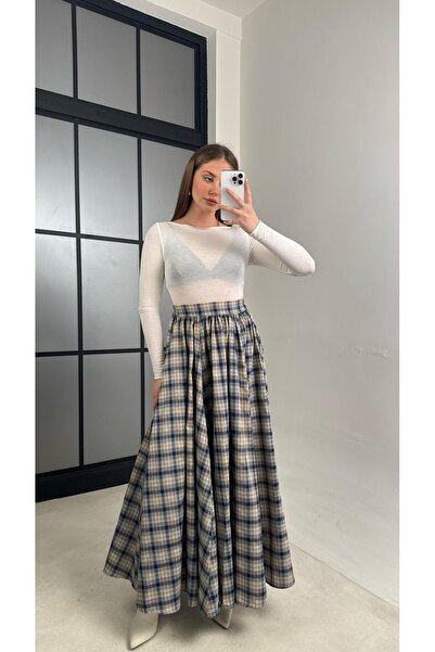 Gaus Bej Beli Lastikli Pileli Ekose Desenli Etek GAUS-01056