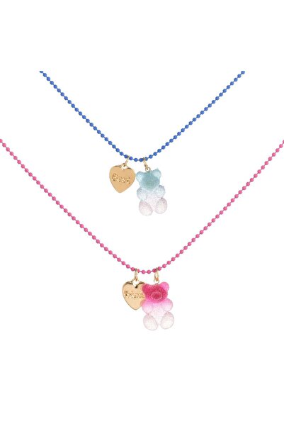 OEM BFF Necklace Set with Pink Blue Chain Bears Colorful Frosty Hearts - 2pcs