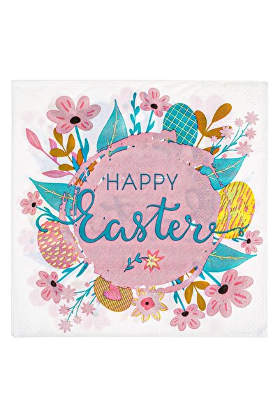 OEM White Table Napkins with Pink Flowers Colored Eggs Happy Easter 33x33cm -...