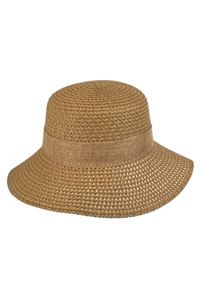 OEM Palarie cu Model Perforat Bej Inchis cu Panglica pentru Femei