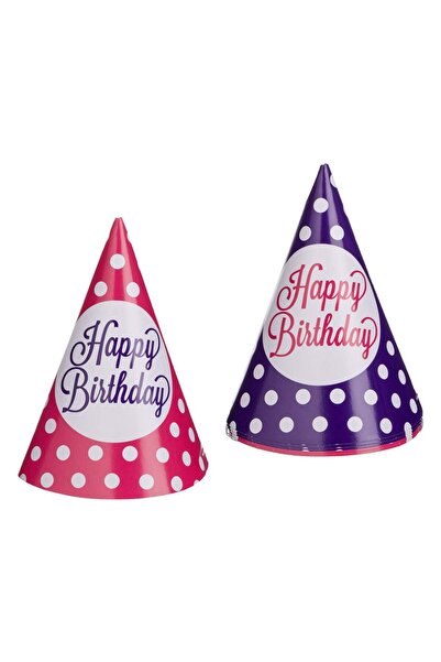 OEM Fuchsia Purple Polka Dot Paper Party Hats "Happy Birthday" 16cm - 6pcs