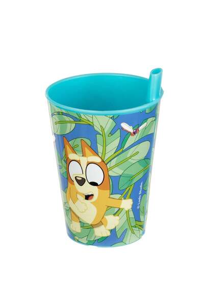 OEM Pahar din plastic cu pai incorporat, de culoare bleu cu model colorat Bluey.