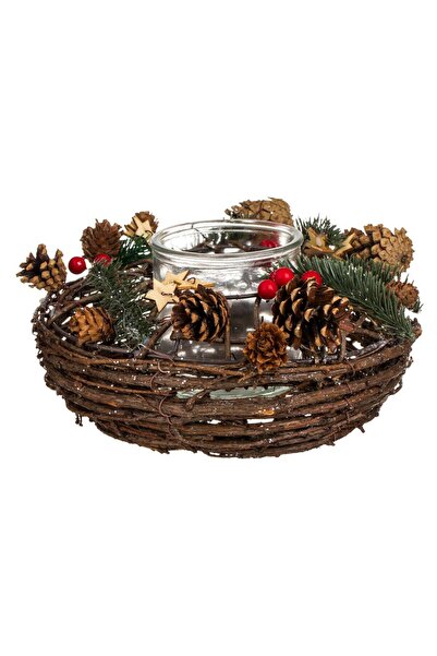 OEM Suport Lumanare Decorativ de Craciun cu Conuri Lemne Vasc Ø23x13cm