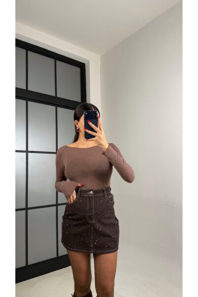 Gaus Kahve Taşlı Mini Denim Etek GAUS-01041