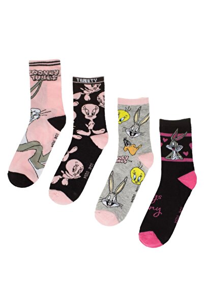 OEM Fancy Pink Grey Black Socks with Looney Tunes Pattern for Women - 4 pairs