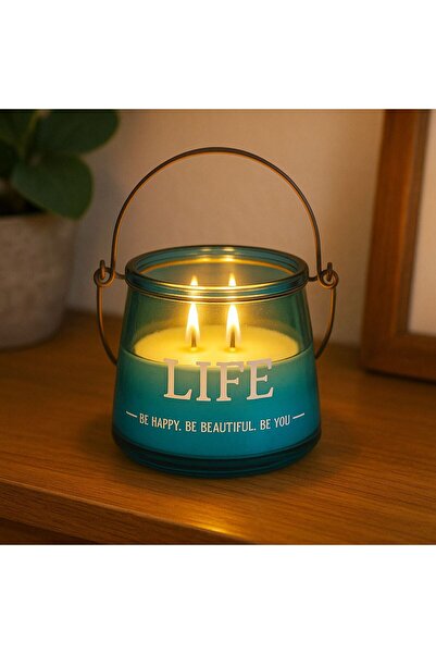 OEM White Candle with 2 Wicks in Turquoise Glass Container Ø10x8cm