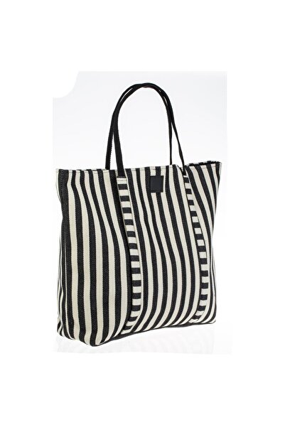 OEM Geanta Ecru cu Dungi Negre pentru Plaja 54x14x42cm