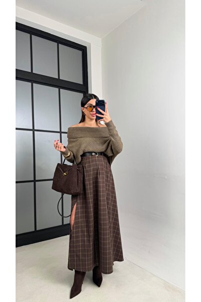 Gaus Yeşil Kahve Yırtmaçlı Kemerli Ekose Desenli Etek GAUS-01065