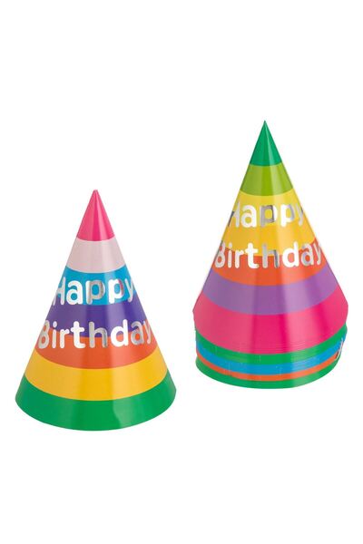 OEM Colorful Cardboard Party Hats with Silver Foil Print Stripes Happy Birthd...