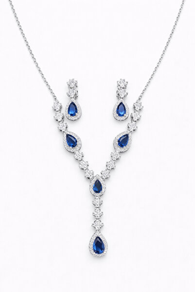 SO GOOD Safir Damla Taşlı Zarif Kolye & Küpe Seti