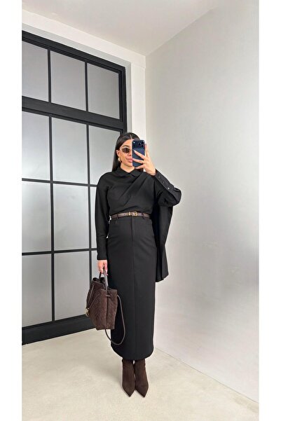 Gaus Siyah Manşet Kol Yakası Şallı Gömlek Etek Muadil Takım GAUS-01053 GAUS-0...