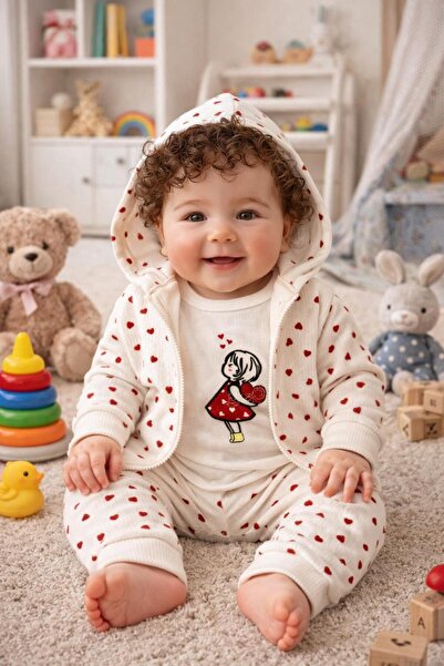My Babies Label Kız Bebek 3 Parça Hırkalı Çıtçıtlı Badili Kalp Desenli Alt-Üs...