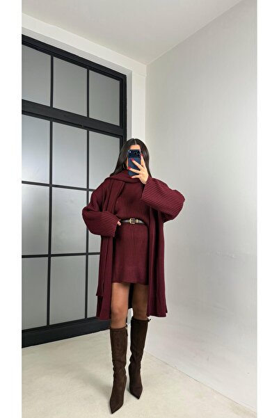 Gaus Bordo Şal Detaylı Hırka Kazak Beli Lastikli Etek Triko Takım GAUS-01039