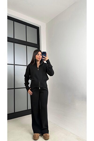 Gaus Black Double Zipper Cardigan Elastic Waist Pants Knitwear Set Gaus-01090