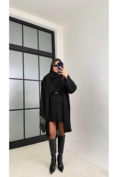 Gaus Siyah Şal Detaylı Hırka Kazak Beli Lastikli Etek Triko Takım GAUS-01039