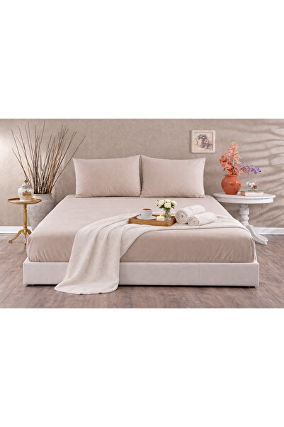 vionetta Ranforce 100% Cotton Beige Elastic Sheet Set with Pillowcases