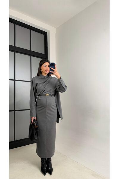 Gaus Gri Manşet Kol Yakası Şallı Gömlek Etek Muadil Takım GAUS-01053 GAUS-01102