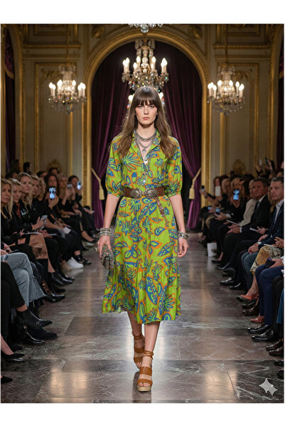 Namaste Vintage Green Color Patterned Shirt Collar Long Dress