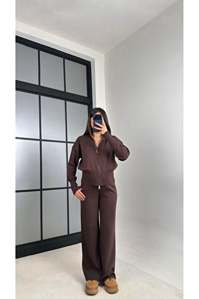 Gaus Acı Kahve Double Zipper Cardigan Elastic Waist Pants Knitwear Set Gaus-0...