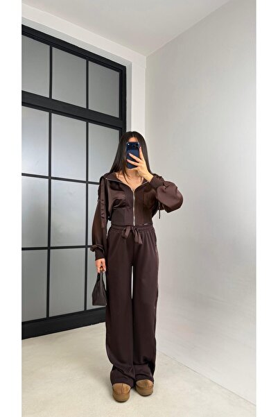 Gaus Acı Kahve Saten Detaylı Hırka Beli Lastikli Pantolon Tasarım Takım GAUS-...