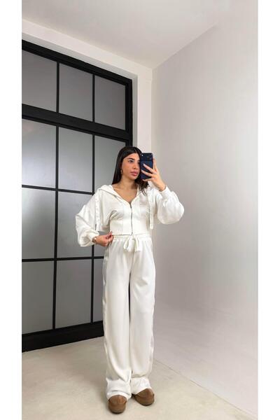 Gaus Beyaz Saten Detaylı Hırka Beli Lastikli Pantolon Tasarım Takım GAUS-01096