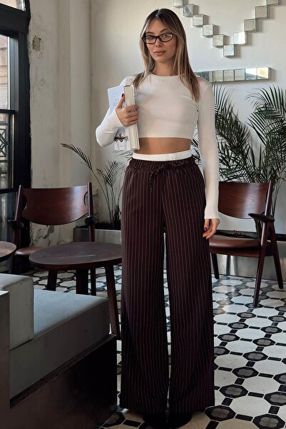 Swist Brown Striped Masculine Tied Women's Trousers