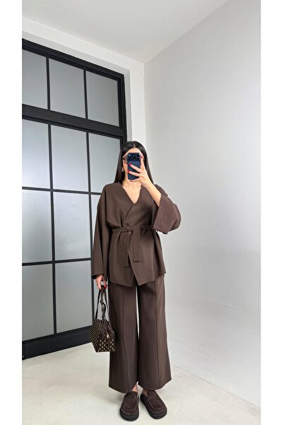 Gaus Acı Kahve Tek Düğmeli Kuşaklı Ceket Beli Lastikli Pantolon Modal Takım G...