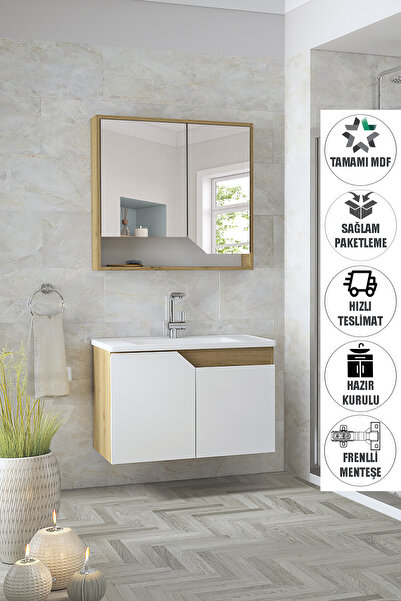 Alfa Banyo Delta Safir 80 cm Komple Mdf, Lavabolu Banyo Dolabı Seti-Hazır Kurulu