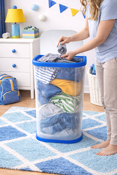 dnshome 1 Adet Çocuk Çamaşır Sepeti Mavi Kapaklı Kirli Çamaşır Kovası 45 lt