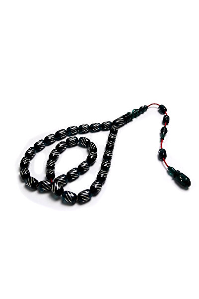 Tesbih Ruyasi Silver Inlaid Water Green Colored Capsule Cut Amber Prayer Beads