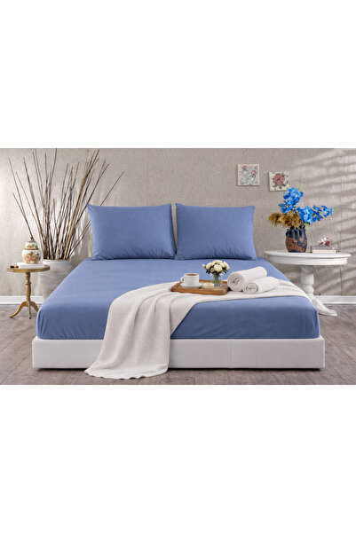 vionetta Ranforce 100% Cotton Indigo Elastic Sheet Set with Pillowcases