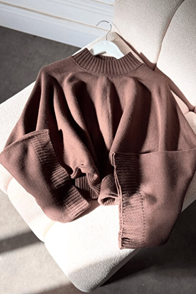 ZEROGAPRİSE Women's Mock Neck Wound Sleeve Crop Knit Sweater