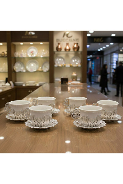 hepsisecilir Premium Dekoratif Gümüş Kaplama Lale Desenli 6 Kişilik Beyaz Por...