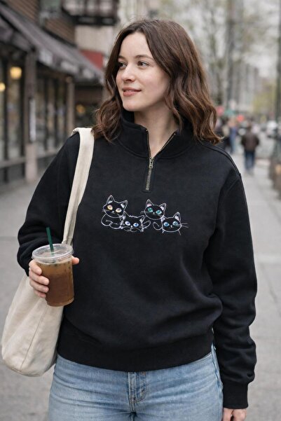 yubistitch Sweat Nakış İşlemeli Kedi Serisi_3-Siyah