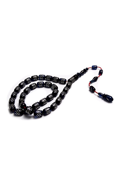 Tesbih Ruyasi Silver Inlaid Prlmnt Blue Amber Prayer Beads
