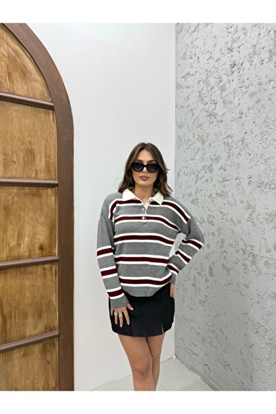 QADİSH Women's Polo Neck Buttoned Striped Knitwear Sweater