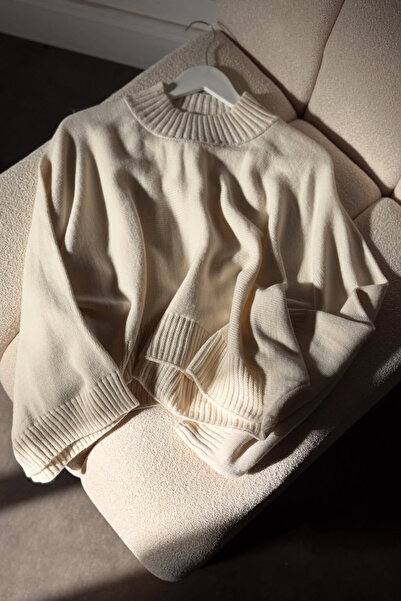 ZEROGAPRİSE Women's Mock Neck Wound Sleeve Crop Knit Sweater