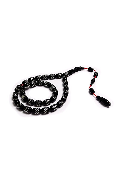 Tesbih Ruyasi Çeşfi Bülbül Embroidered Black Color Fire Amber Prayer Beads