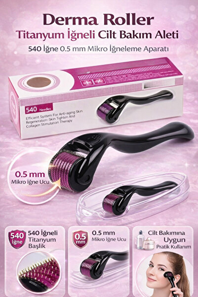 AVEO 1 ADET Derma Roller Titanyum İğneli Cilt Bakım Aleti 540 İğne 0.5 mm Mik...