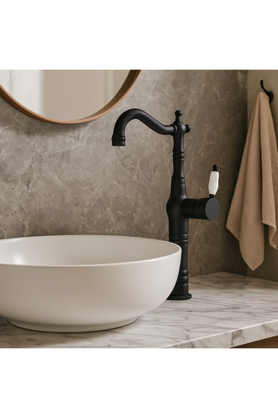 banyosepeti Valent Matte Black Bowl Sink Faucet – Classic Ceramic Handle, Hig...