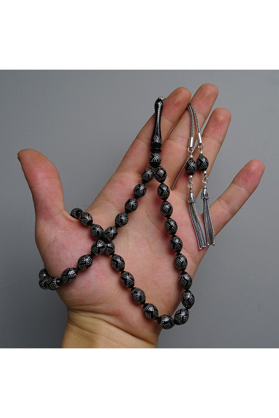 Tesbih Ruyasi Pyramid and Diamond Model Silver-Embellished Charcoal Amber Pra...