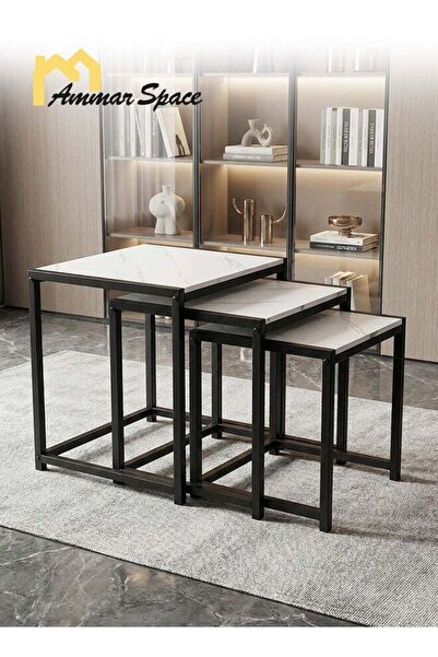 Ammar Space 3-Piece Nesting Side Table Set with Marble-Look Top Black Metal F...