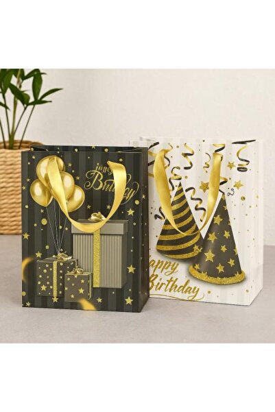 Generic Birthday Gift Bags with Hat and Gift Design in Black and Gold