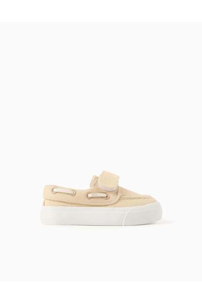 Ziddy حذاء قارب من القماش مزود بشريط لاصق للأطفال الرضع، لون بيج فاتح