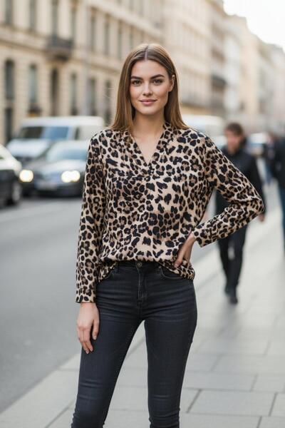 Mossta Μακρυμάνικη μπλούζα με λεοπάρ σχέδιο και λαιμόκοψη V - Λεοπάρ