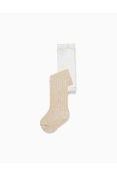 Ziddy جوارب ضيقة مضلعة بخيوط لامعة للفتيات الصغيرات، أبيض/ذهبي