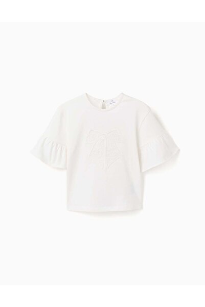 Ziddy تيشيرت أبيض للبنات مزين بكشكشة وفيونكة مطرزة